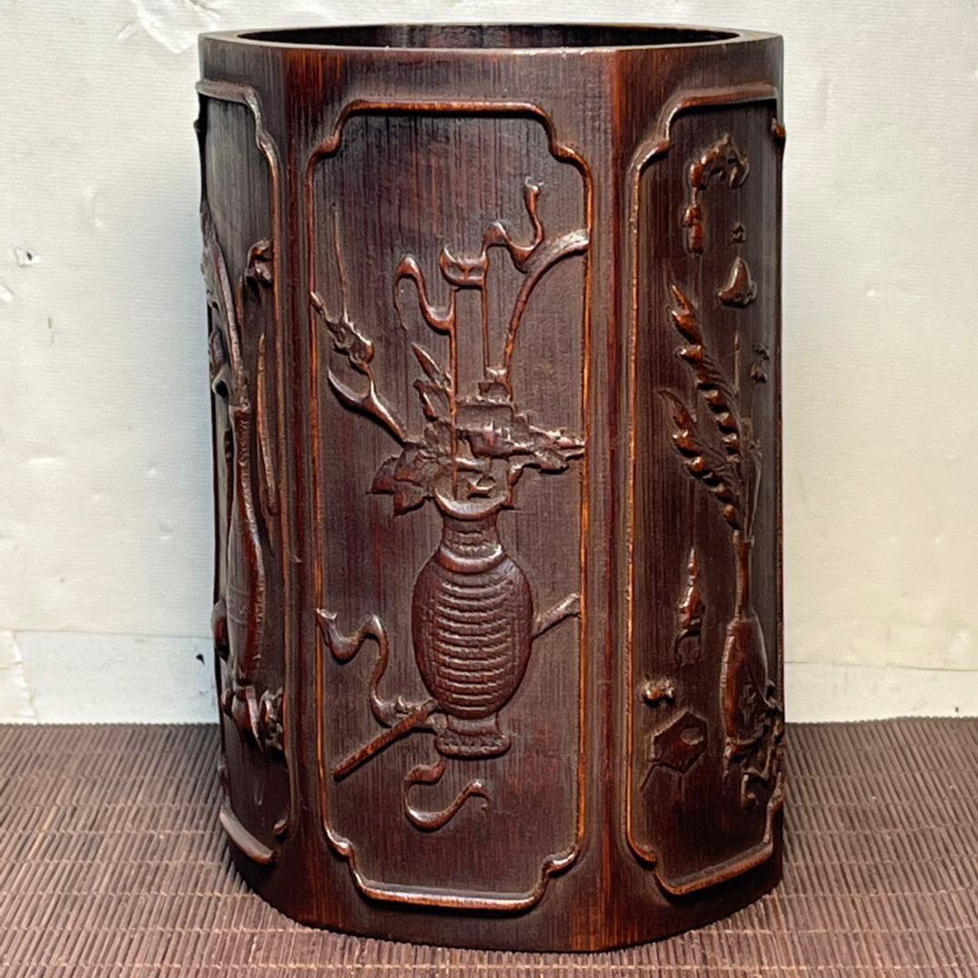 彫刻六角竹筆筒 文房四宝 古文房具 書道具 文房具 現代工芸品 美術品 置物