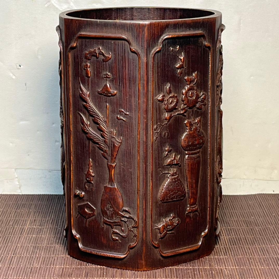 彫刻六角竹筆筒 文房四宝 古文房具 書道具 文房具 現代工芸品 美術品 置物