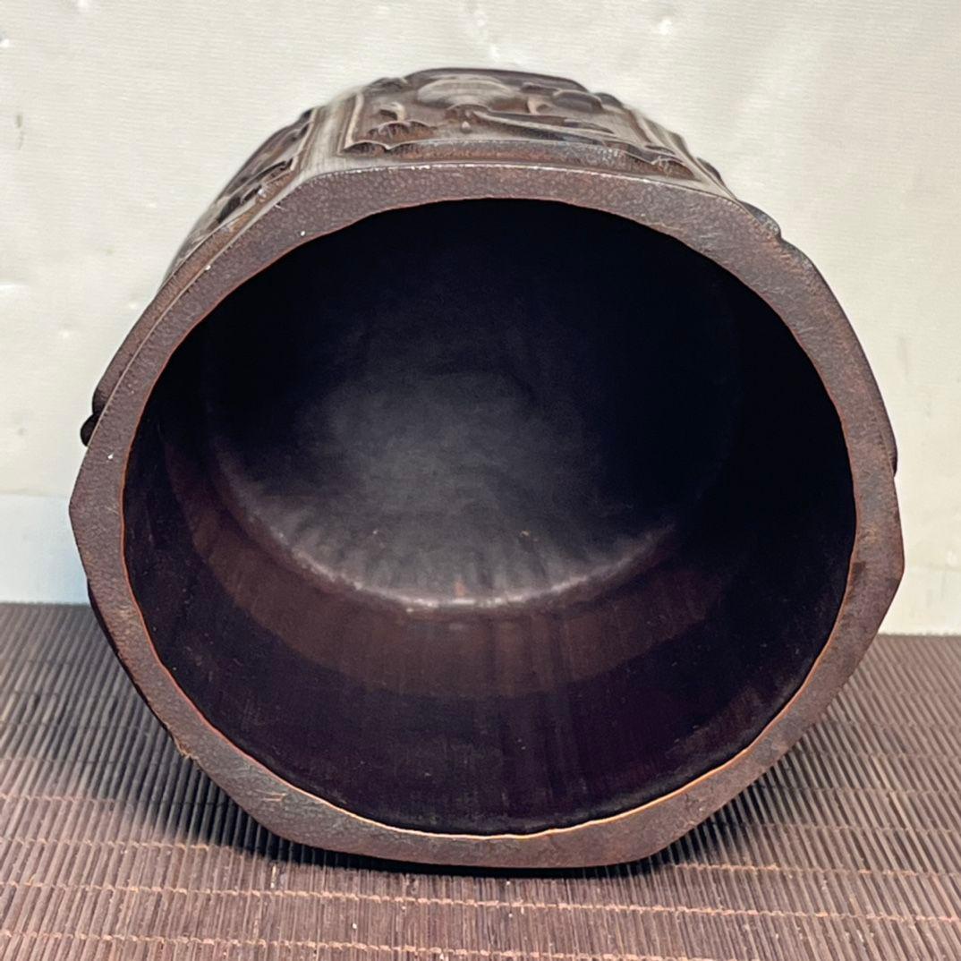 彫刻六角竹筆筒 文房四宝 古文房具 書道具 文房具 現代工芸品 美術品 置物