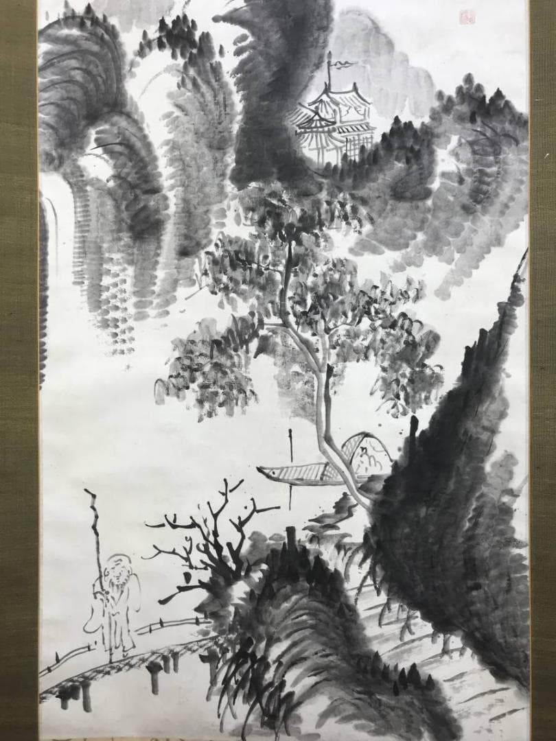 真作/田能村直入/塔山水人物図/山水図/掛軸/名家伝来/AE-45