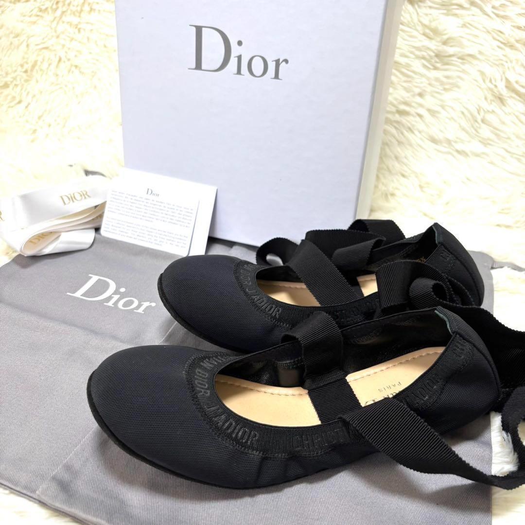 【新品同様】ディオール 　ロゴデザイン　リボン バレエ シューズ ブラック