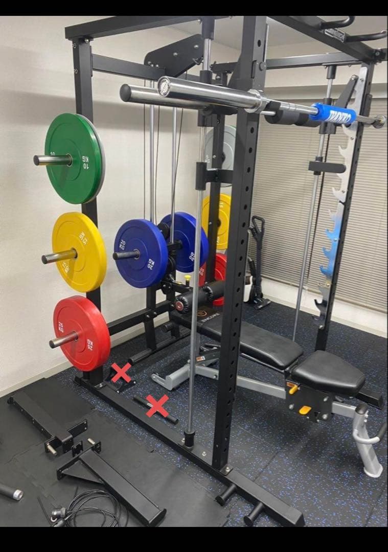 業務用スミスマシン＋トレーニングベンチ＋バーベル・プレートセット【引き取り限定】