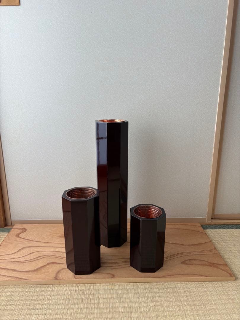 65 　美品　短三管筒　3本セット　溜塗り　華道　格花　花器