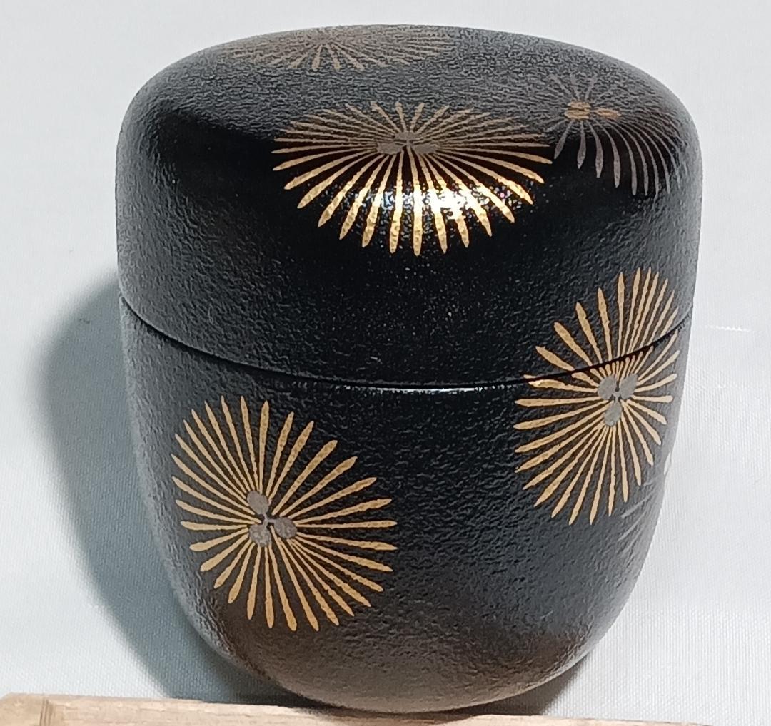 茶道具　加賀山中塗蒔絵師　筑城筑良作　叩塗唐松蒔絵中棗　超美品！！