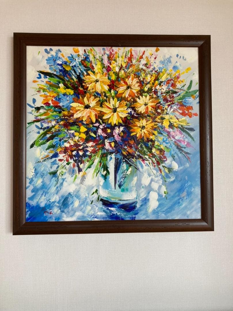 ガラスの花瓶に生けた花の静物画（油絵肉筆画）（680×680）