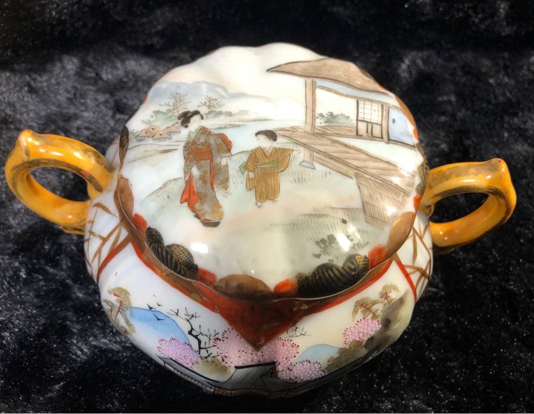 九谷焼 金襴手飾鉢 金彩色絵　人物風景図鉢 明治期 西田銘　古美術 骨董