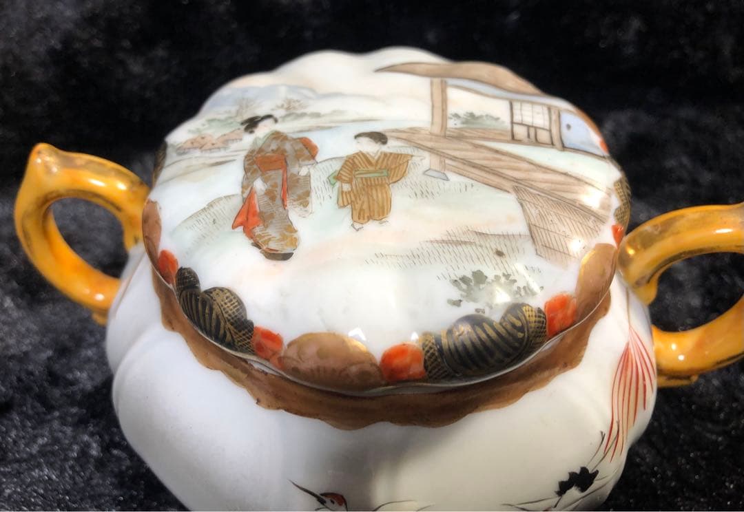 九谷焼 金襴手飾鉢 金彩色絵　人物風景図鉢 明治期 西田銘　古美術 骨董