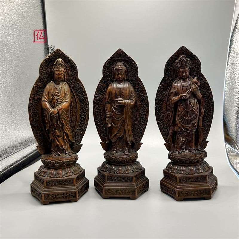 【修縁堂】職人手作り 西方三聖 精彫造像 観音菩薩 阿弥陀如来 勢至菩薩 木彫り