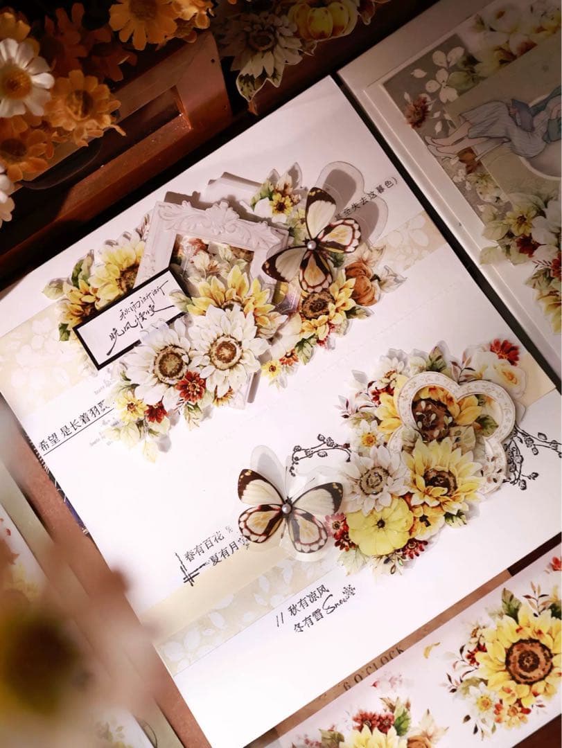 【8224】海外　マステ　5m巻売り　貝殻光マスキングテープ　向日葵　お花