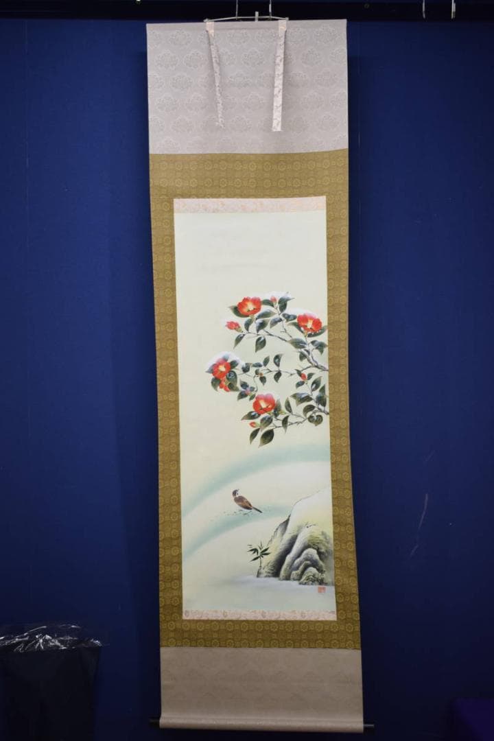 真作/雲鳳/雪中椿/雀図/布袋屋掛軸HJ-770