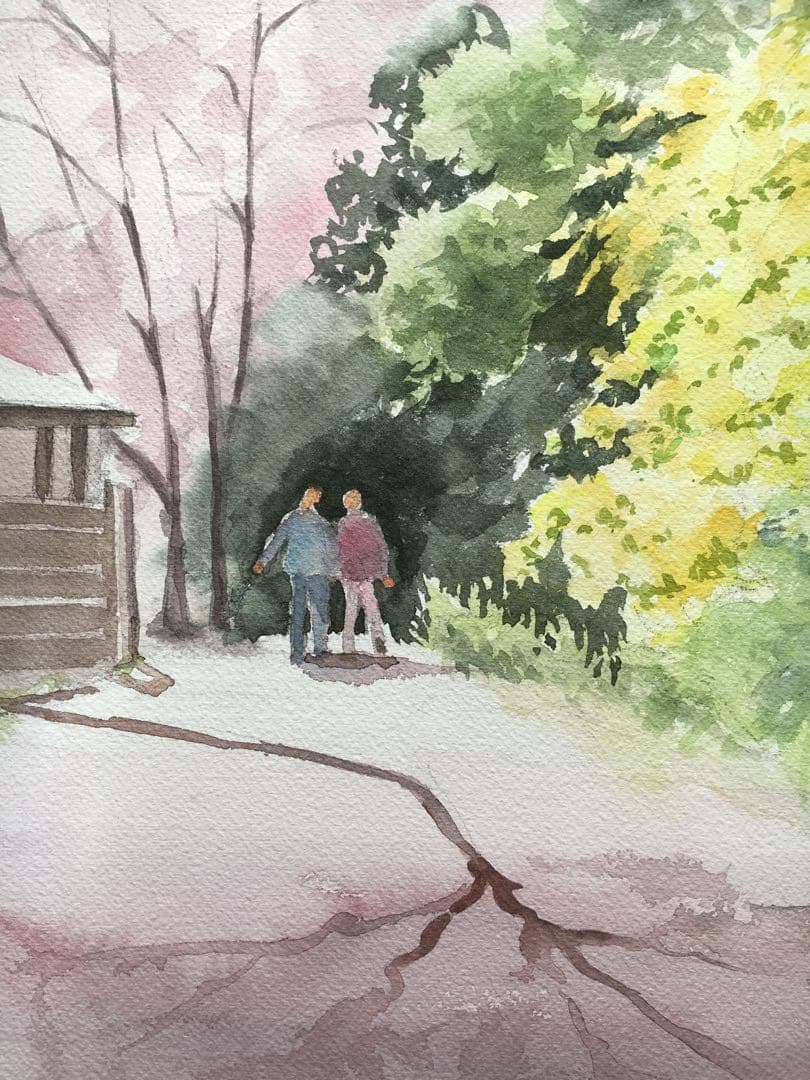透明水彩画原画桜と山吹の散歩道