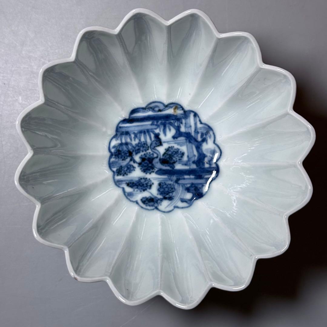 江戸中期〜後期　古伊万里　藍九谷花鳥図菊花形向付　五点　最上手　特注桐箱　共布