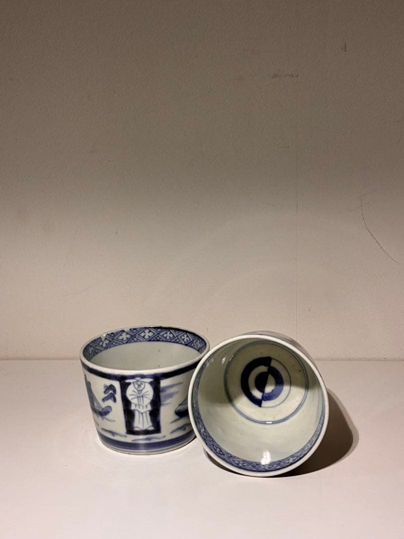 古伊万里 蕎麦猪口 異国人 帆船 ラッタン 南蛮人 アンティーク 骨董2個セット