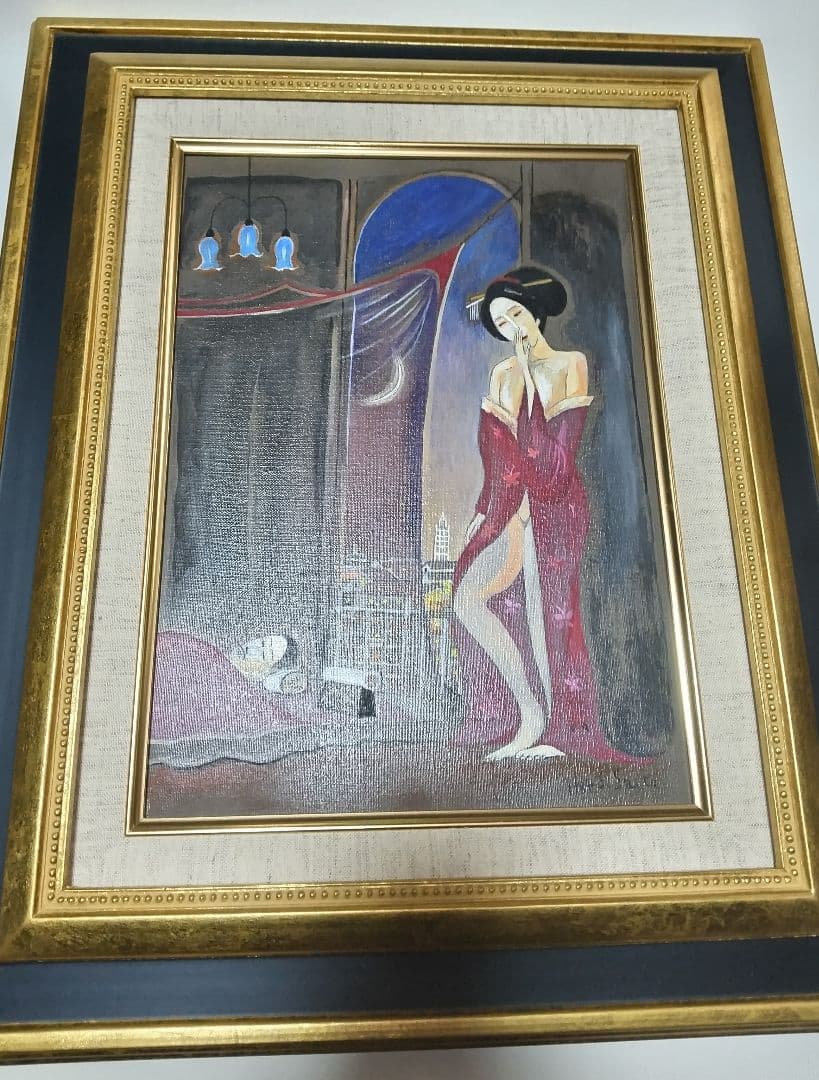 斎藤真一、絵画、油彩４号、蚊帳の月、高級額縁、肉筆、片岡球子、鴨居玲。