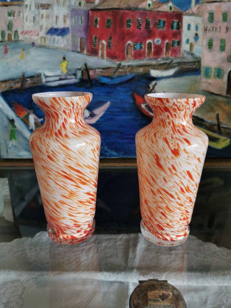 アンティーク ヴェネチアンガラス ブラッドオレンジ＆ホワイト 工房物ペアベース