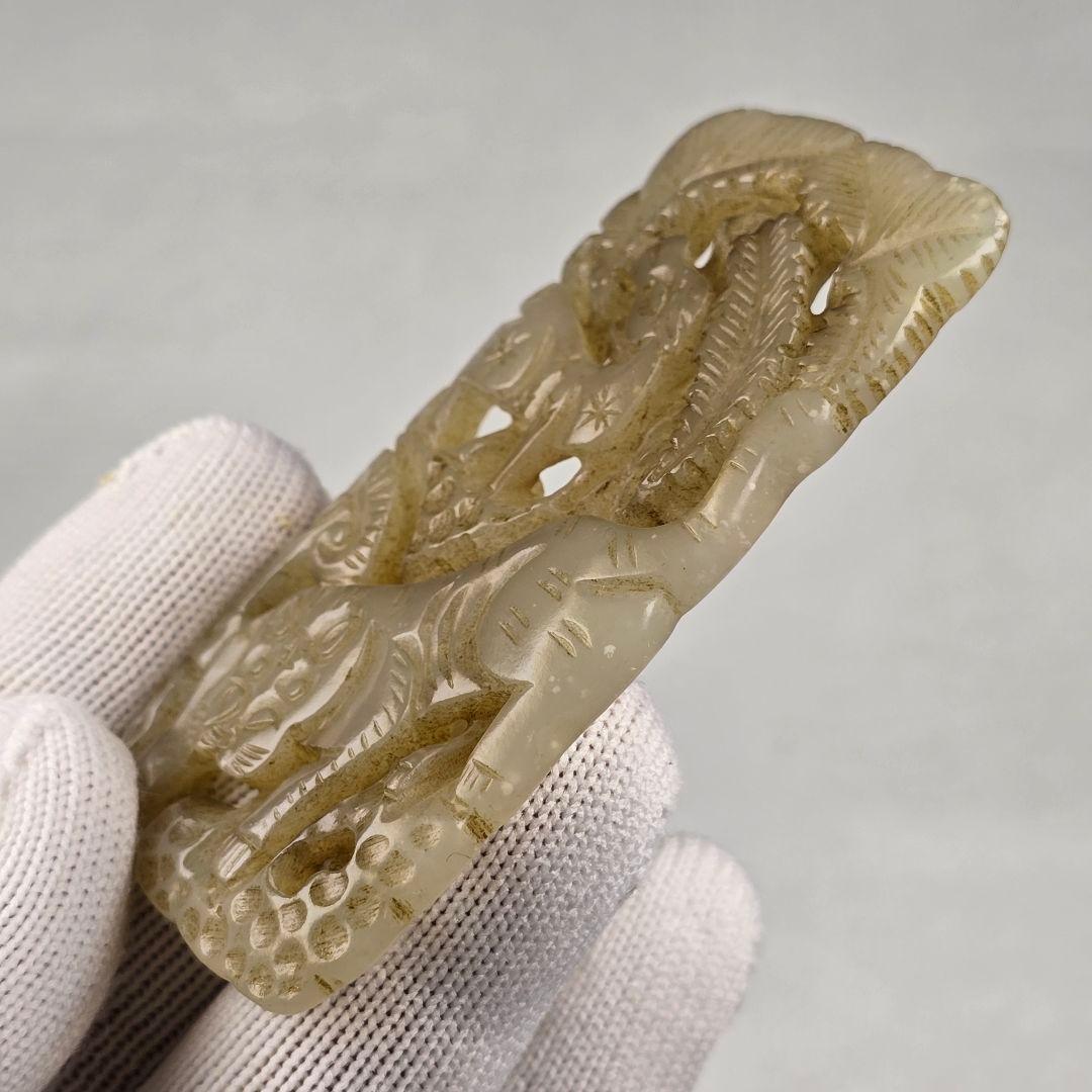 貴重品 本物和田白玉 土沁 明代 透彫り☆福禄双全☆虎鹿紋☆玉佩 根付 縁起物