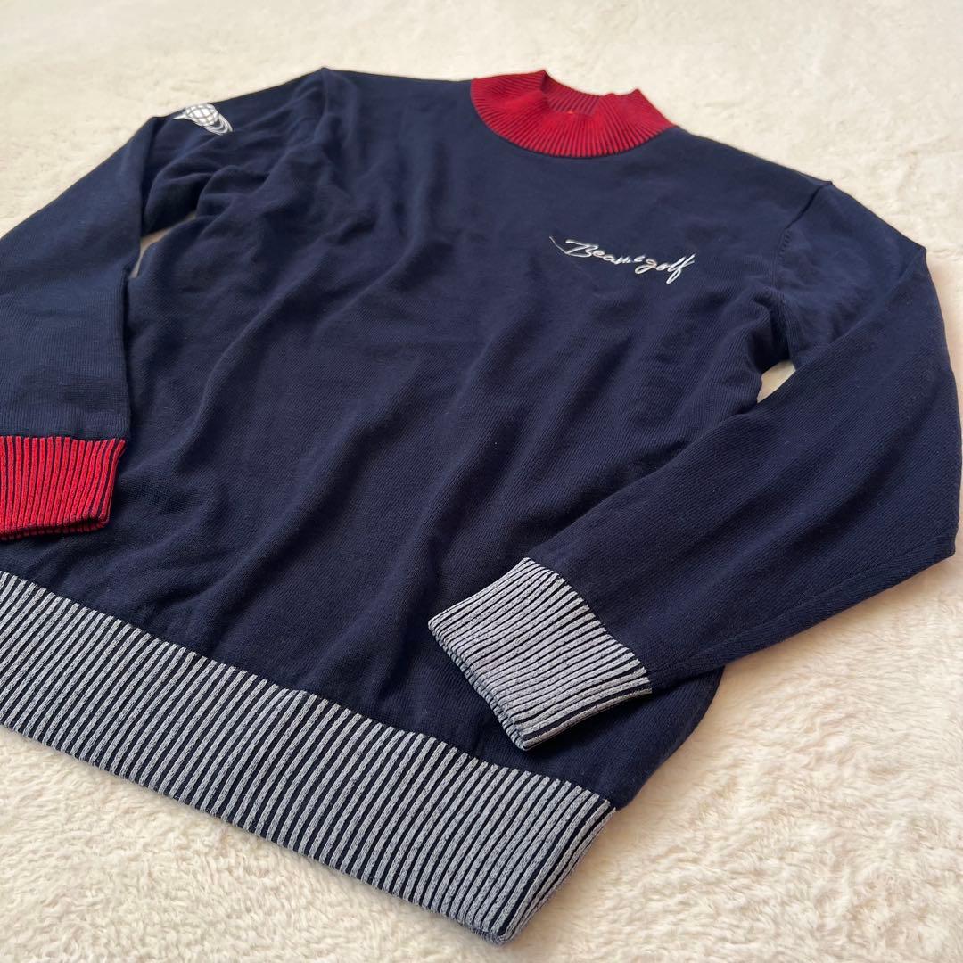 【防風/裏地付】BEAMS GOLF パネル モックネック ニット ネイビー M
