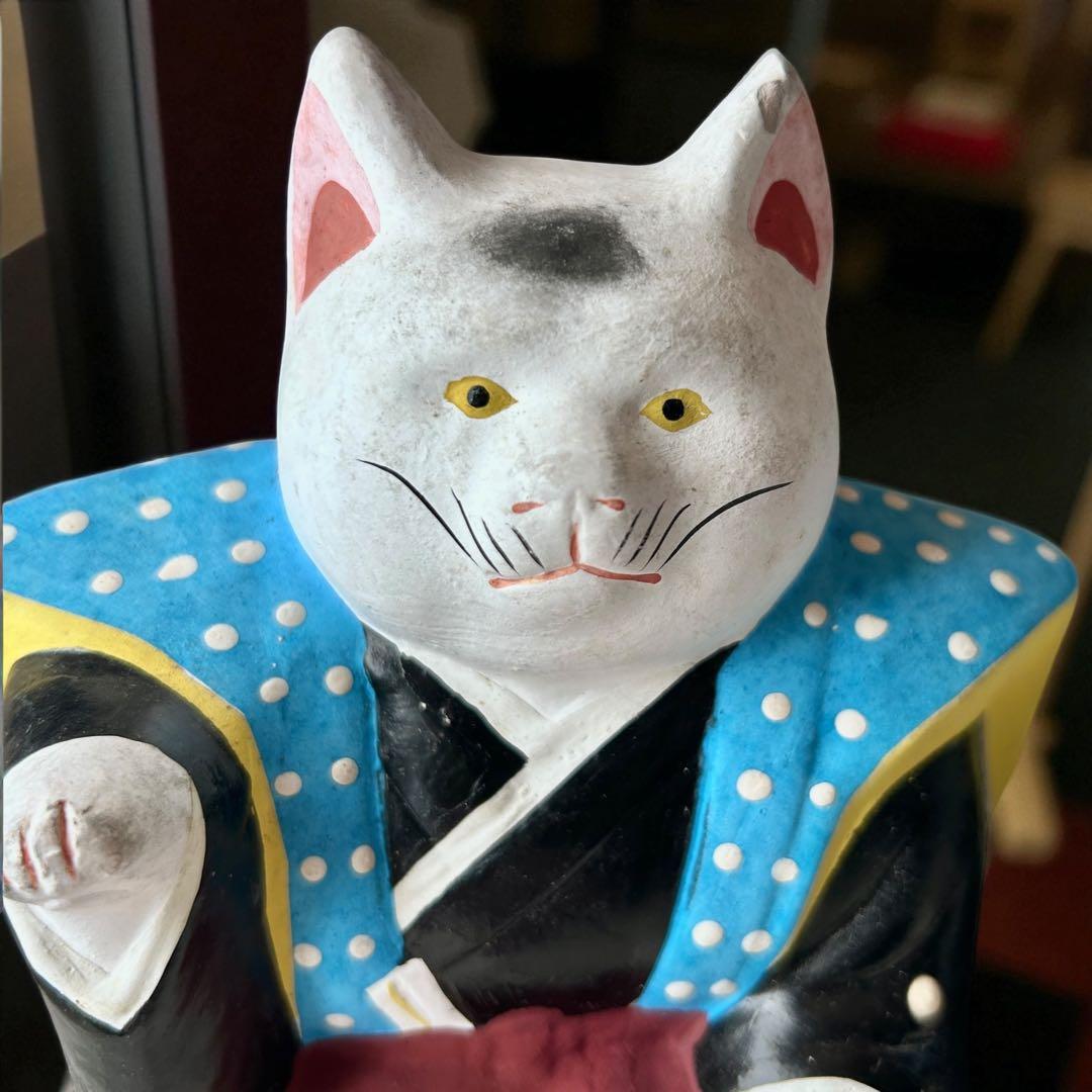 古玩 大阪府 郷土玩具 住吉大社 初辰猫 土人形 中猫×2 一対 縁起物 招き猫