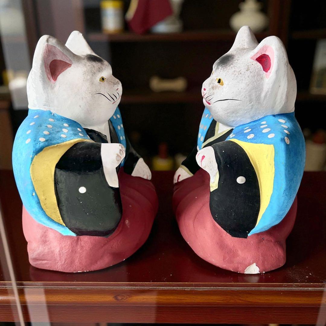 古玩 大阪府 郷土玩具 住吉大社 初辰猫 土人形 中猫×2 一対 縁起物 招き猫