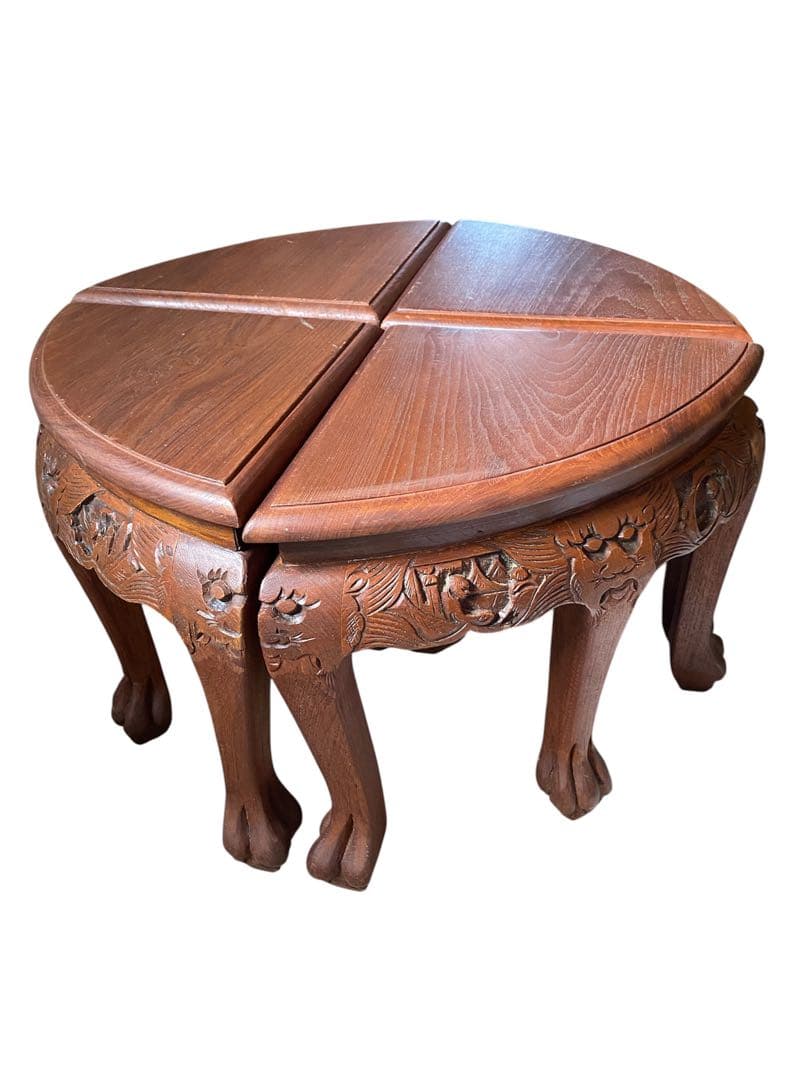 アジアン アンティーク 彫刻家具 テーブル イス4脚付き 猫脚 骨董