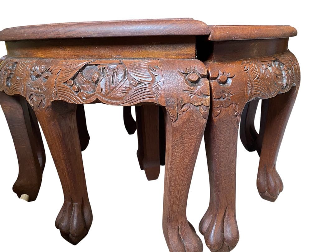 アジアン アンティーク 彫刻家具 テーブル イス4脚付き 猫脚 骨董