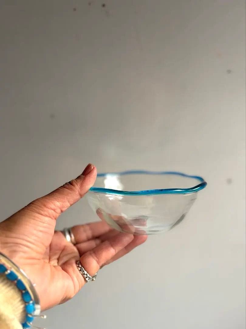 824 民芸 工芸 倉敷ガラス 色口巻き輪花小鉢 5枚組 ブルー 美品