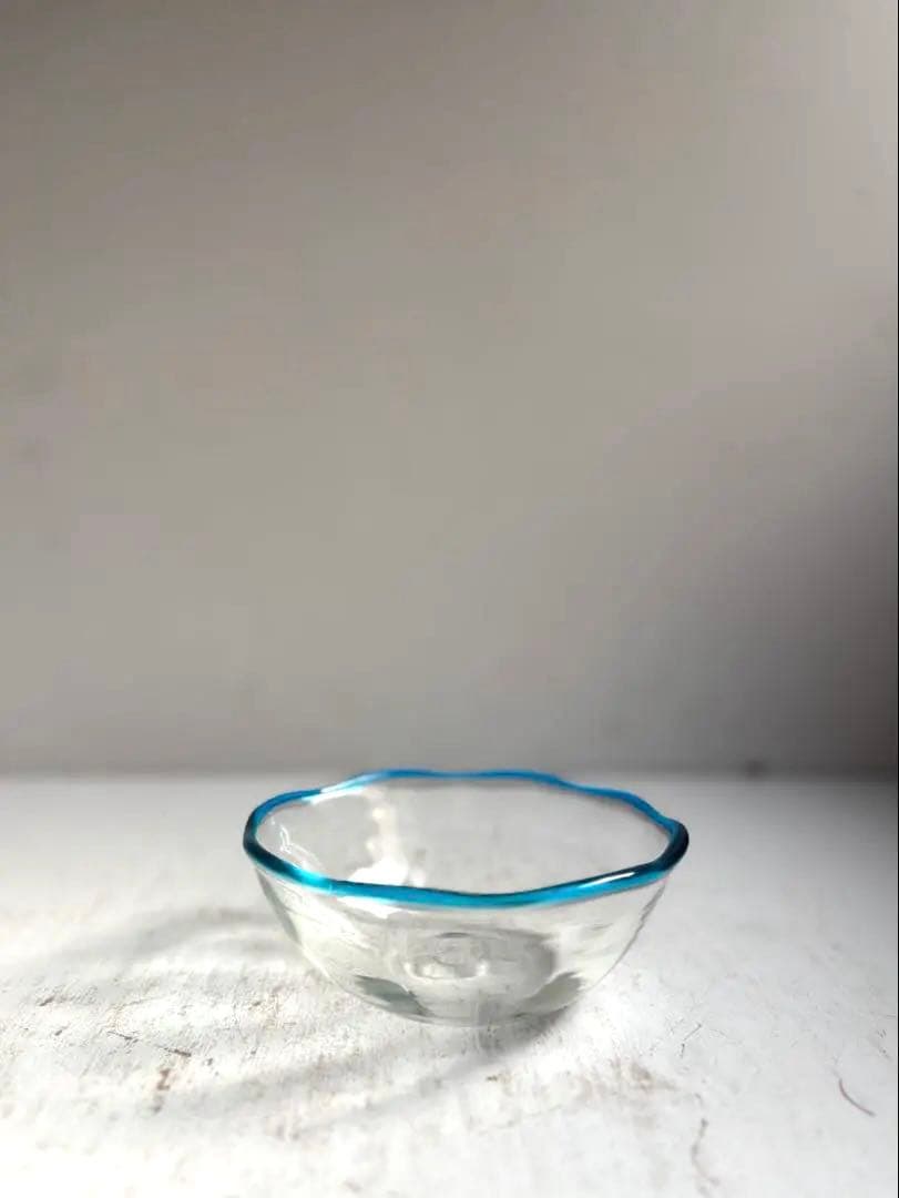 824 民芸 工芸 倉敷ガラス 色口巻き輪花小鉢 5枚組 ブルー 美品