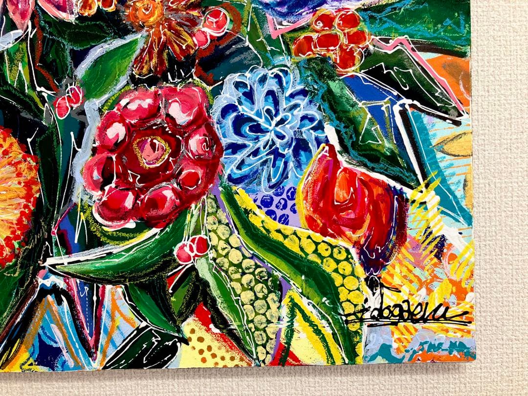 原画　花　額付き　花の絵　静物画　絵画　アクリル画　現代アート　手描き　一点物