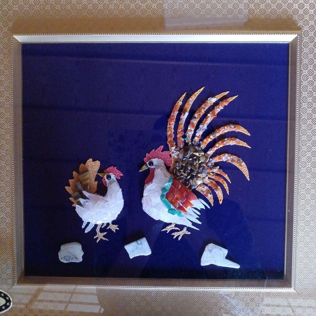 貴石画　めのう細工額　矮鶏(チャボ)　工芸額