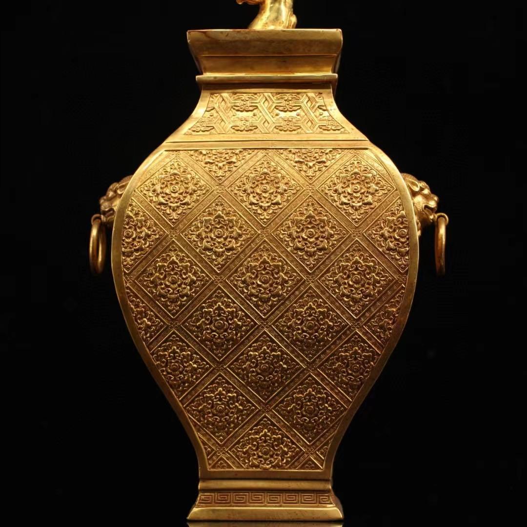 中国古美術・旧藏純銅製鎏金招財運樹の花瓶・真珠を象嵌・置物・風水開運 ・純手作り