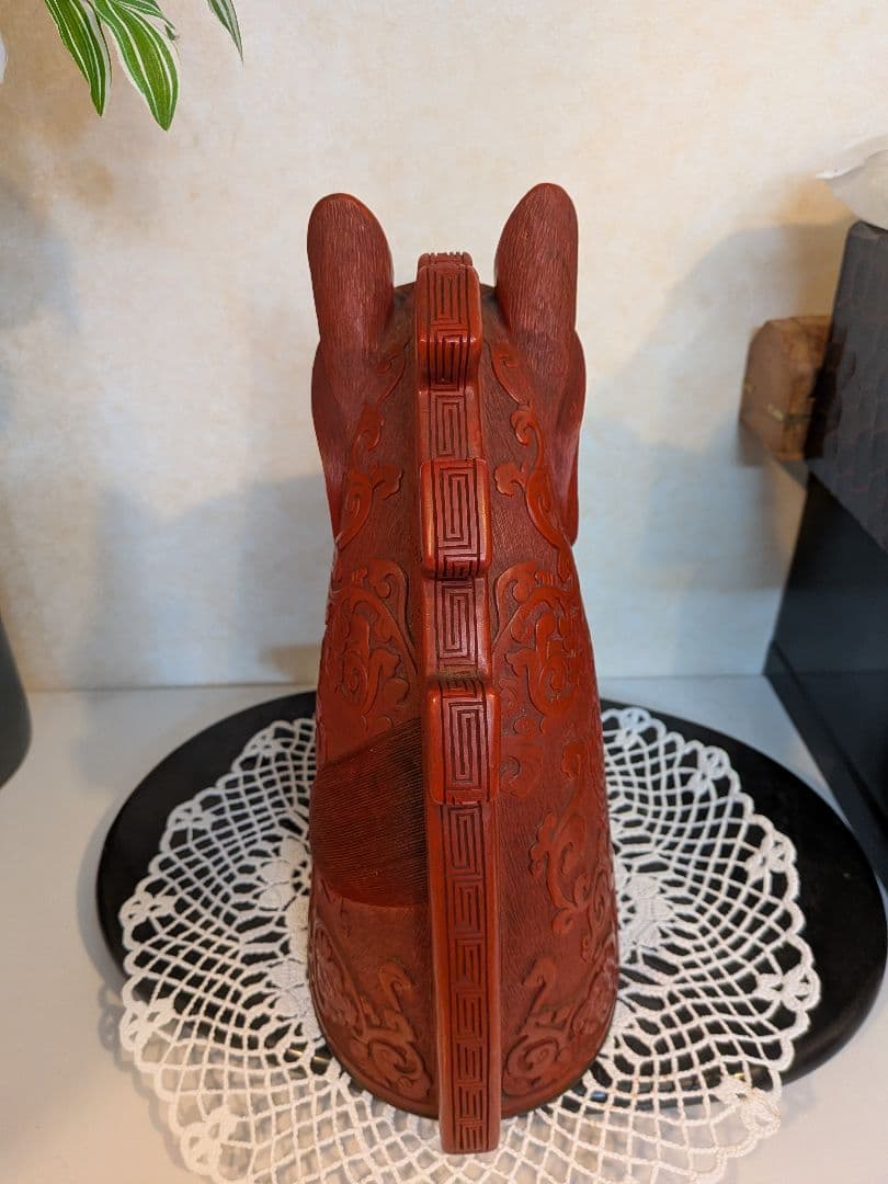 赤い木製馬の頭部置物　ChinaAntique
