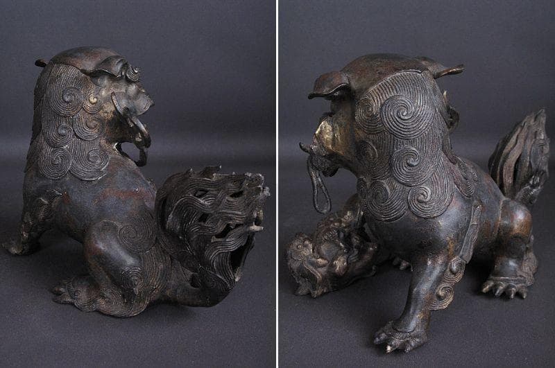 最終値下げ‼️ 金工細工『古銅 親子獅子置物』明治期　高18㎝/ 3.45㎏