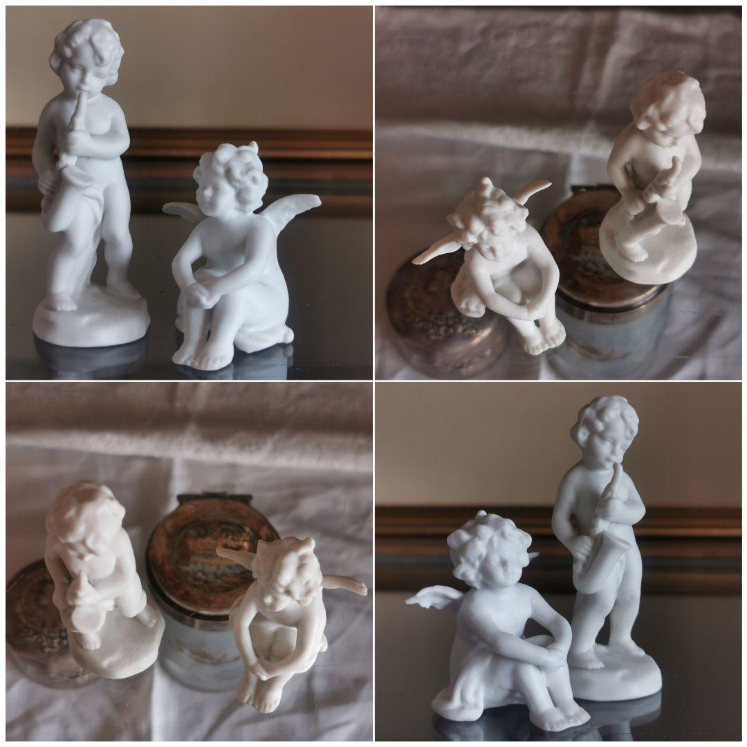 アンティークドイツフィギュリン 二体セット サクソフォンを吹く子供＆膝を抱く天使