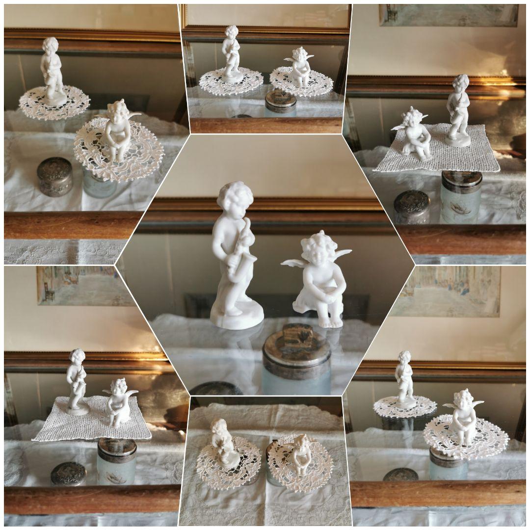 アンティークドイツフィギュリン 二体セット サクソフォンを吹く子供＆膝を抱く天使