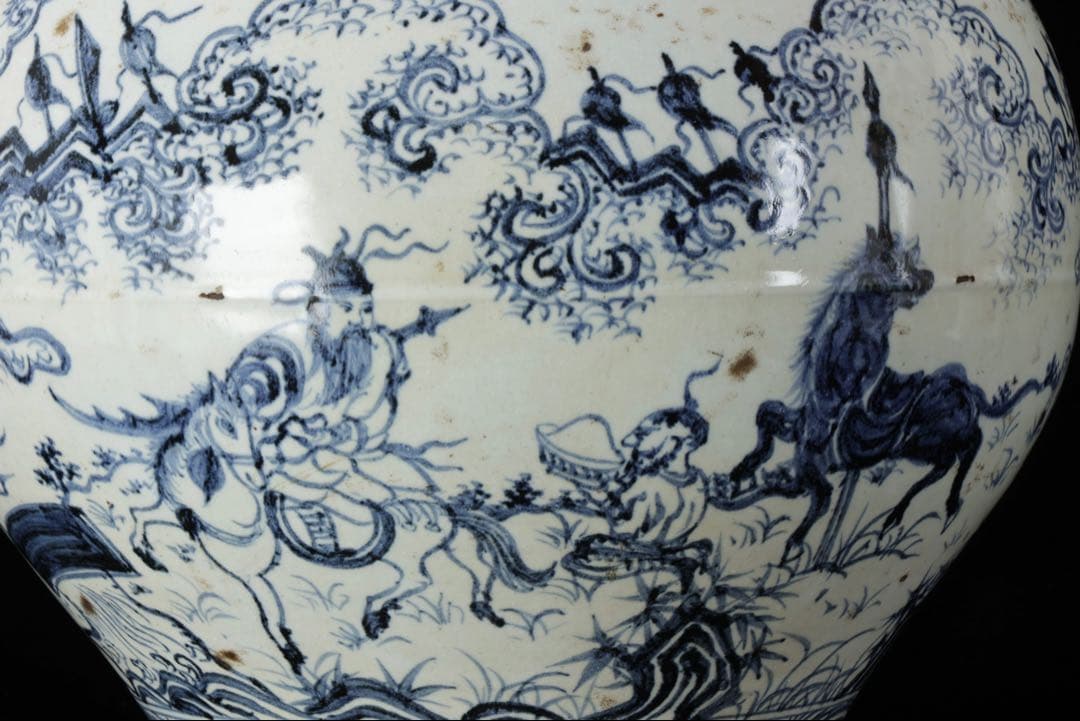 中国古玩 青花 染付 人物騎馬図 大壺30㎝ 飾壺 唐物 時代物 古美術 骨董品