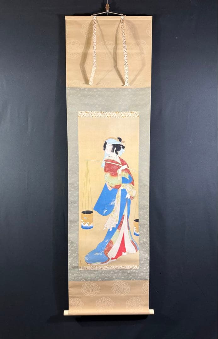 K47 上村松園 「汐くみ」 掛軸 日本画 共箱 工芸印刷