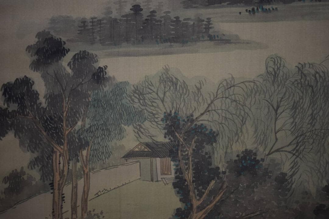 真作/浅井柳塘/長白山/柳陰静釣/瑞泉の桐極箱付/布袋屋掛軸HF-633