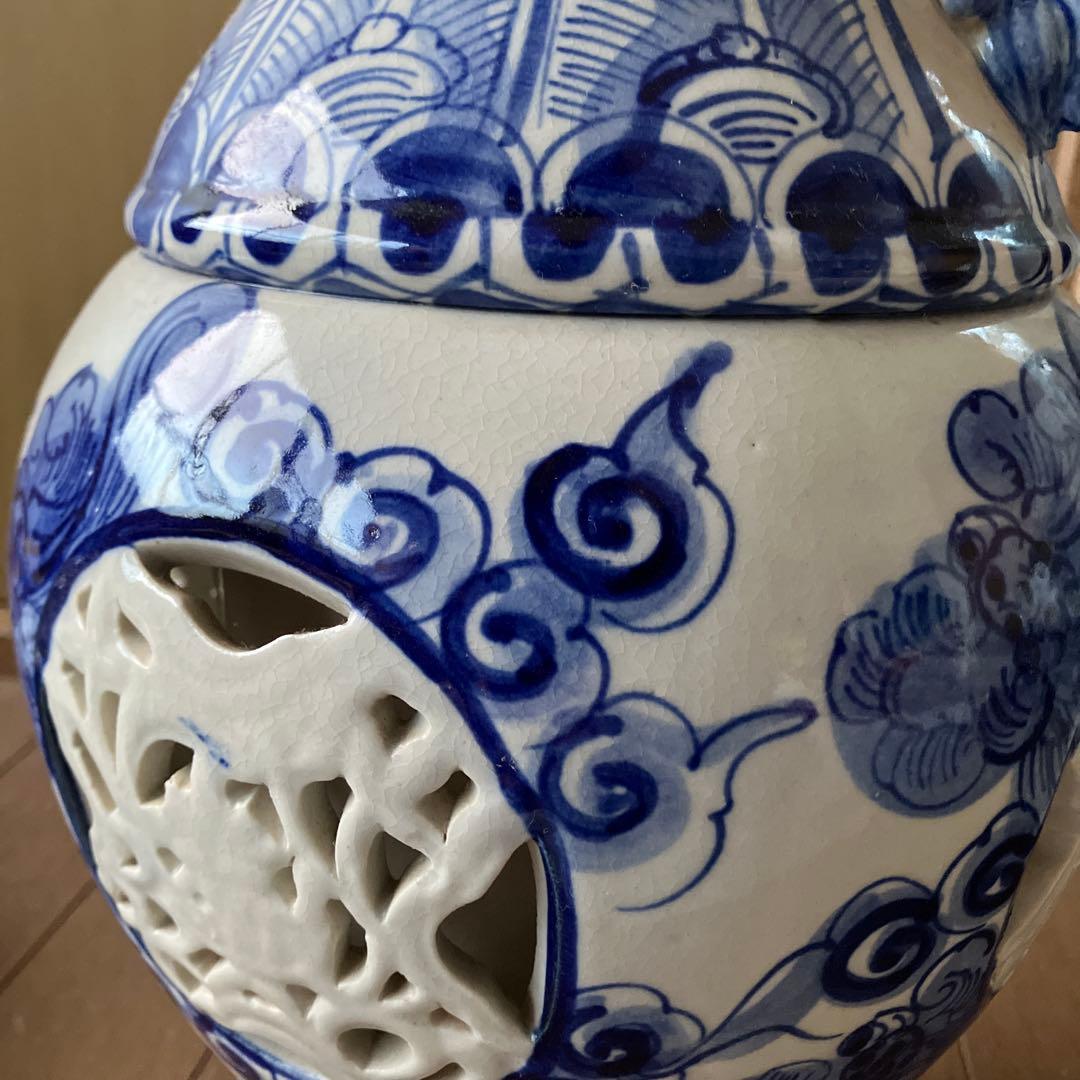 中国　古美術　染付大花瓶　唐物　双耳　透かし彫り　骨董