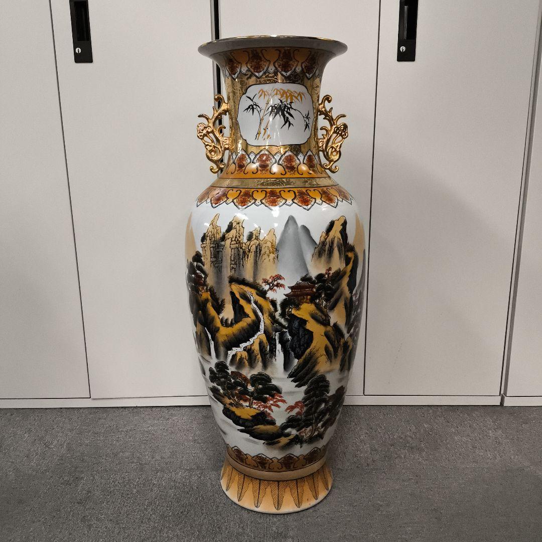 中華風★山水画装飾の大きな陶磁器壺★幅30センチ★高さ80センチ★たのメル発送