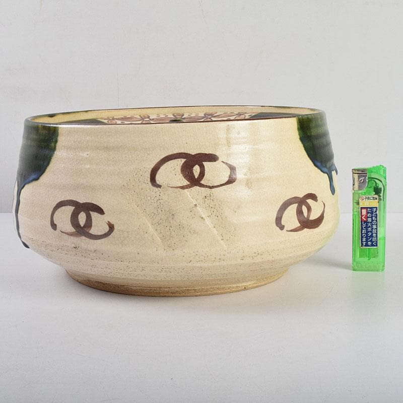 茶道具　人間国宝　荒川豊蔵作　青織部　平水指　方谷浩明極め箱　D　R9278B