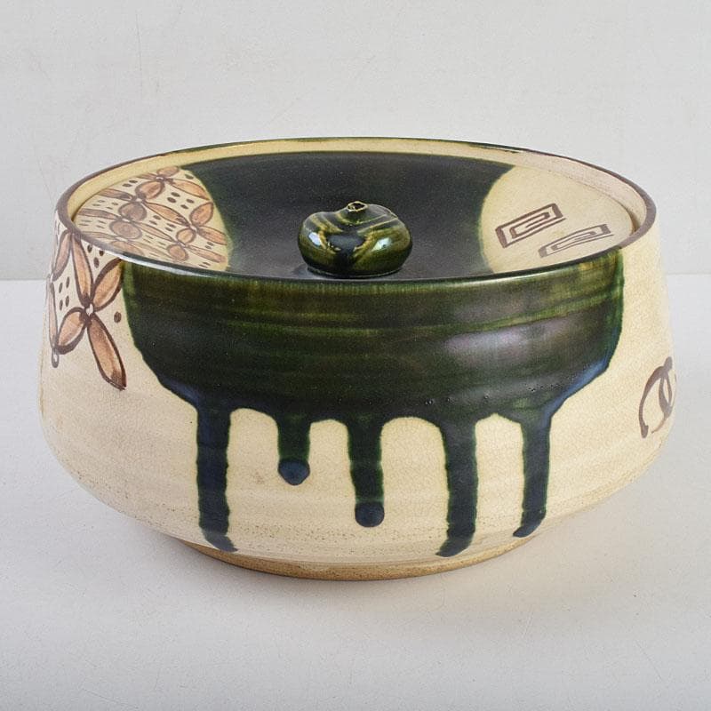 茶道具　人間国宝　荒川豊蔵作　青織部　平水指　方谷浩明極め箱　D　R9278B