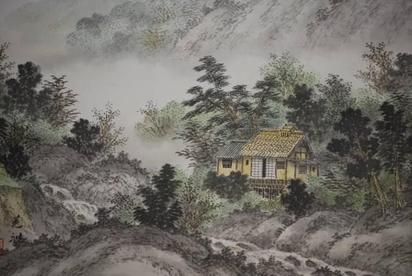 真作/羽田晃雅/山水図静日/美品/桐共箱付/布袋屋掛軸HC-159