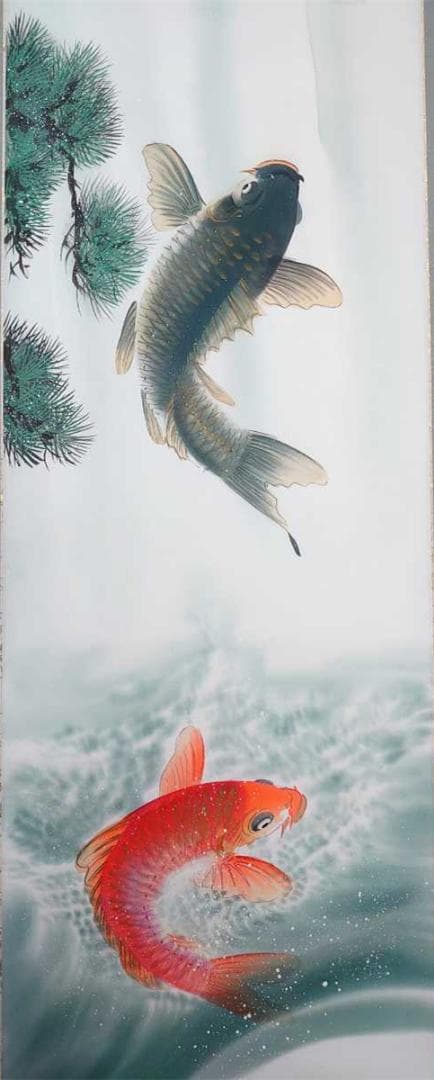 掛軸 北村晴方『滝上り鯉 夫婦鯉』絹本肉筆 共箱付 良好品 掛け軸 v97106