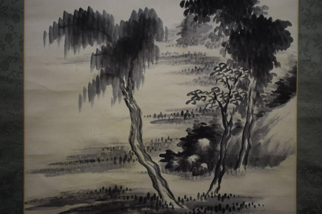 真作/田中柏陰/山水画賛/絹表装/布袋屋掛軸HH-672