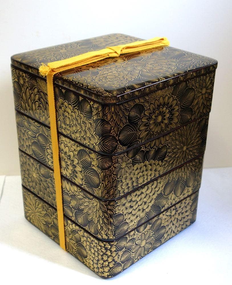 未使用 輪島塗 沈金菊文様 四段重箱