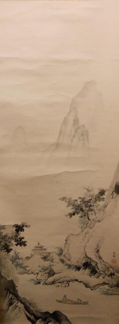 掛け軸 橋本雅邦 江亭帰隠之図 紙本 名品 複製 希少 軸装 茶道具 掛軸 美品