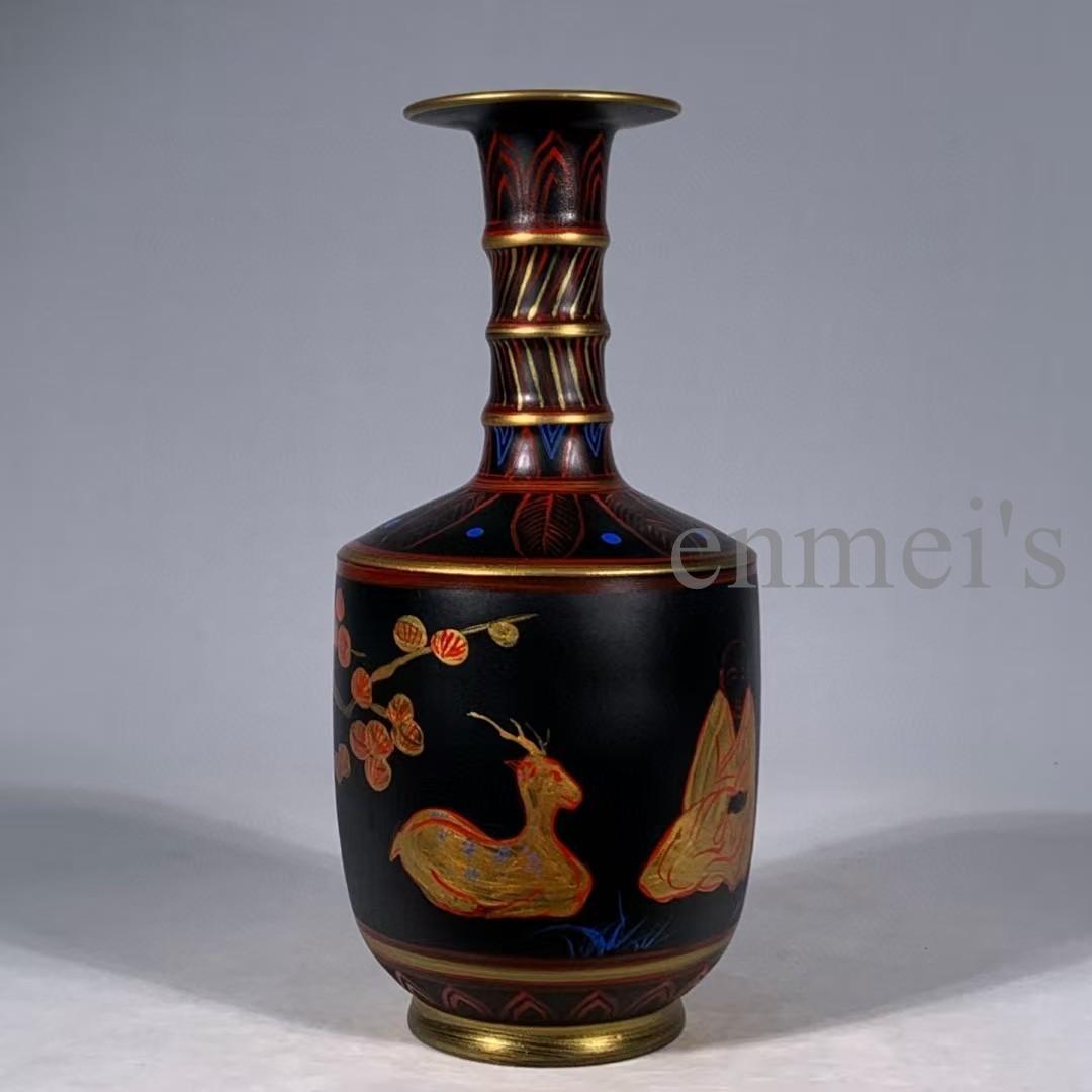 中国古美術・旧蔵宋汝窯・大漆彩繪人物對弈圖竹節瓶・彩絵・花瓶・陶磁器・文房置物