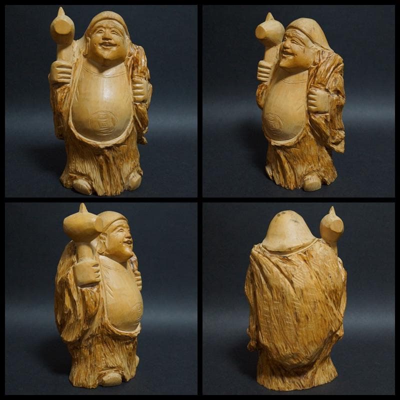 専用柘植細工彫り 一刀彫り『七福神』7体セット 荒彫り黄楊木縁起物総重4.8kg