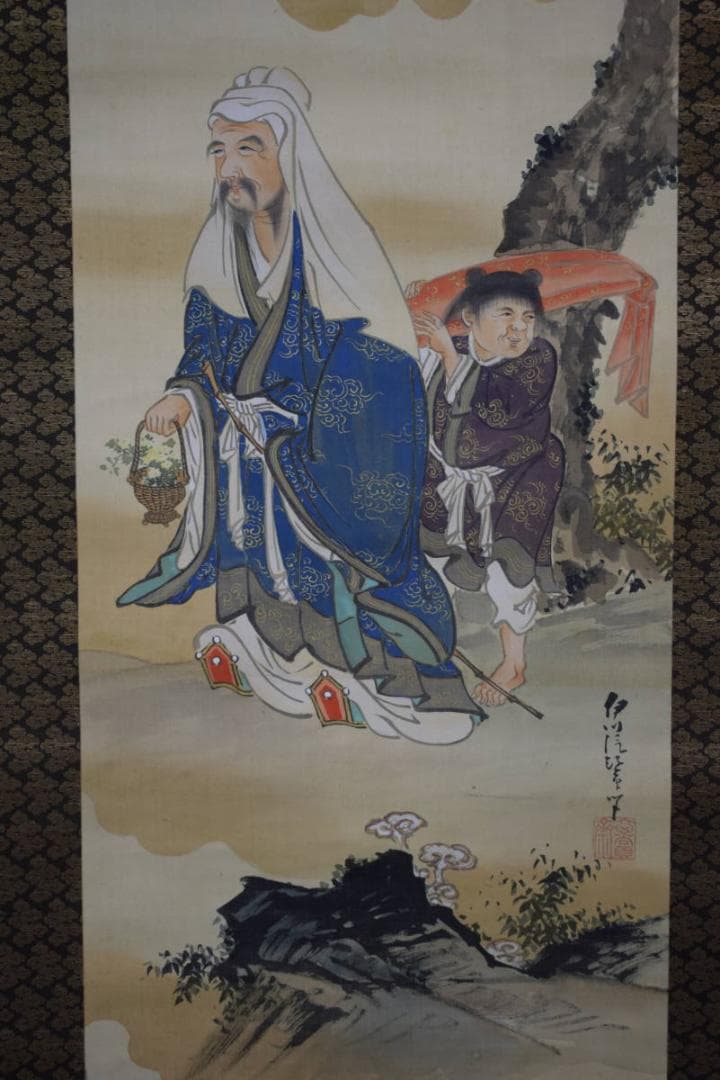 真作/狩野伊川院/人物山水図/三幅/金襴表装/布袋屋掛軸HG-24