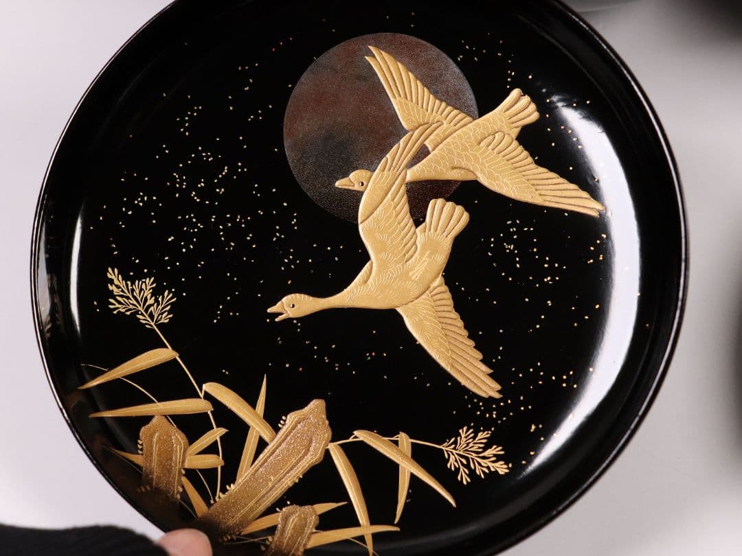 CL63 加賀蒔絵 月に雁 金蒔絵 黒塗煮物椀 二客 木製漆器 梨地 鳥 芦